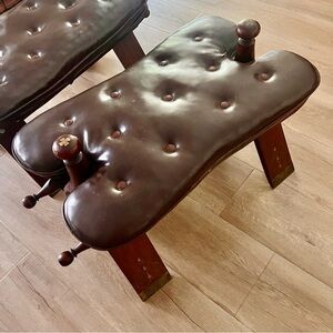 2 PC Antique Camel Saddle Stool Foot Rest Mahogany Inlay Brown Leather Pad AS IS